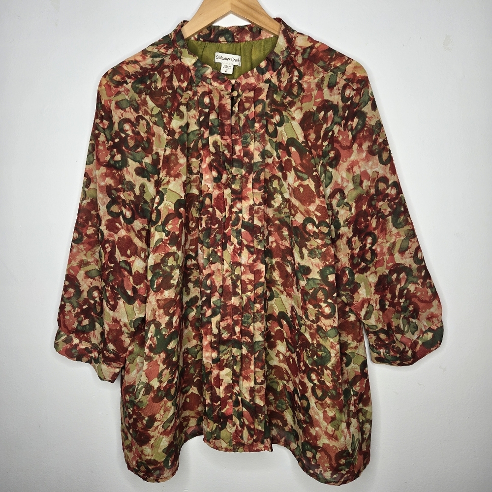 Coldwater Creek Watercolor Floral Autumn Blouse Size 1X Pintuck Artsy Chiffon